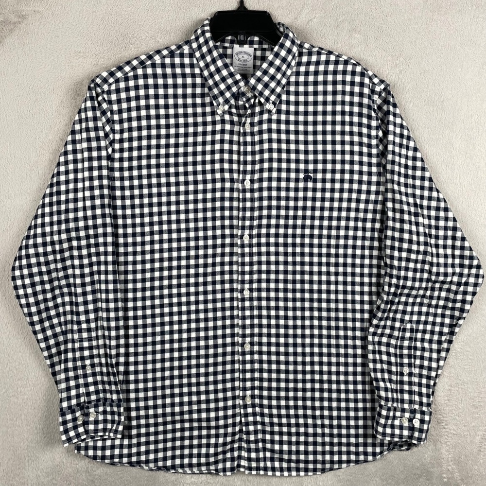 Brooks Brother Shirt Mens XL Blue Gingham Check Button Down Logo Preppy